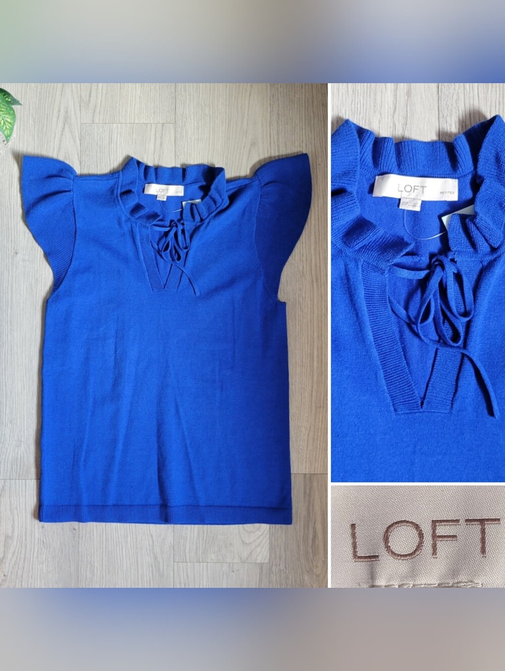 LOFT Petites Flutter Sleeve Ruffle Mock V-Neck Tie Royal Blue Blouse, XS Petite